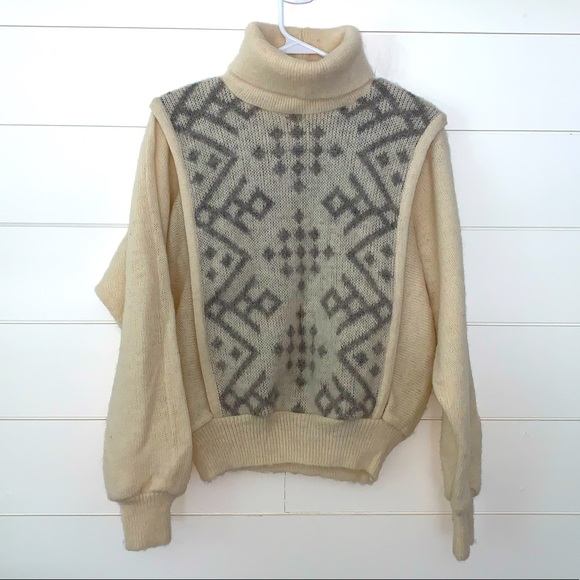 Vintage Sweaters - EVC 80s Women’s Icelandic Wool Knot Ski Vested Creme & Gray Sweater